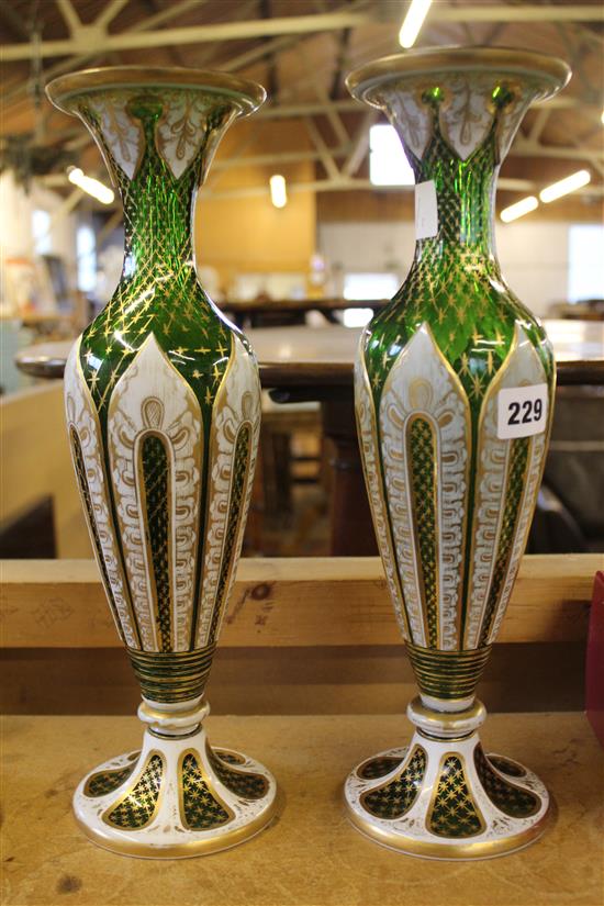 19th Century pair green & gilt Bohemian glass vases